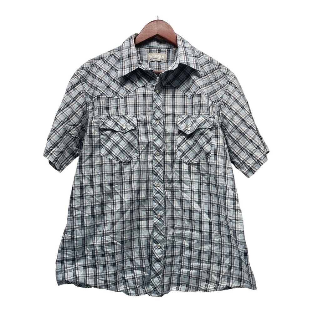 Wrangler‎ Wrancher Men's Large Blue Plaid Pearl Snap Shirt